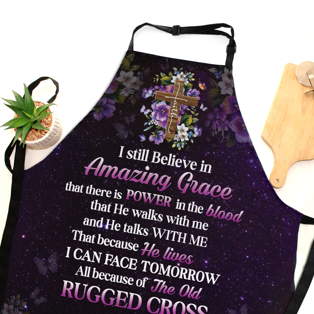 Jesuspirit Apron With Adjustable Neck Strap | I Still Believe In Amazing Grace | Faith Cross & Flower NUH269