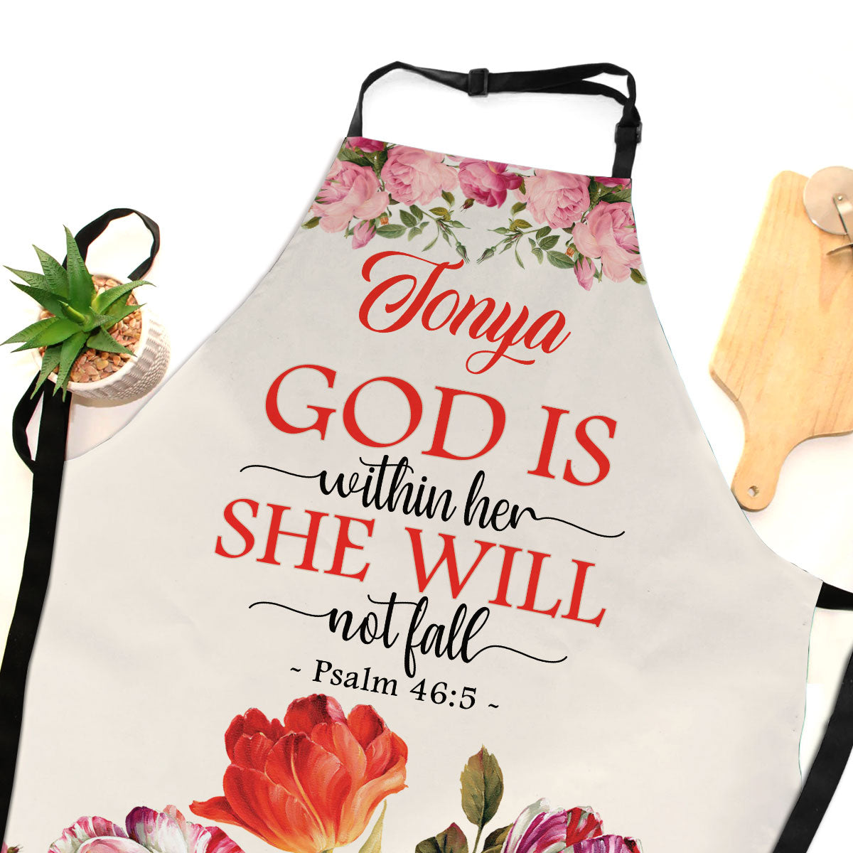 Jesuspirit | Psalm 46:5 | God Is Within Her, She Will Not Fall | Personalized Flower Apron With Neck Strap APRM651
