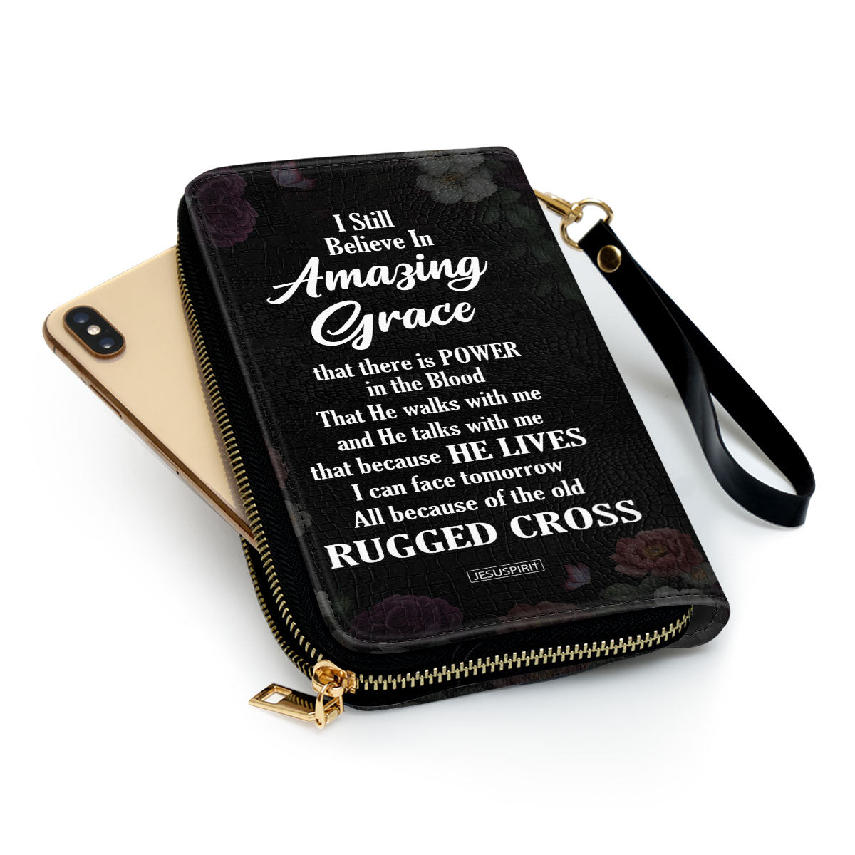 Jesuspirit | I Still Believe In Amazing Grace | Flower And Cross | Spiritual Gifts For Christian Women | Personalized Zippered Leather Clutch Purse NUH435H