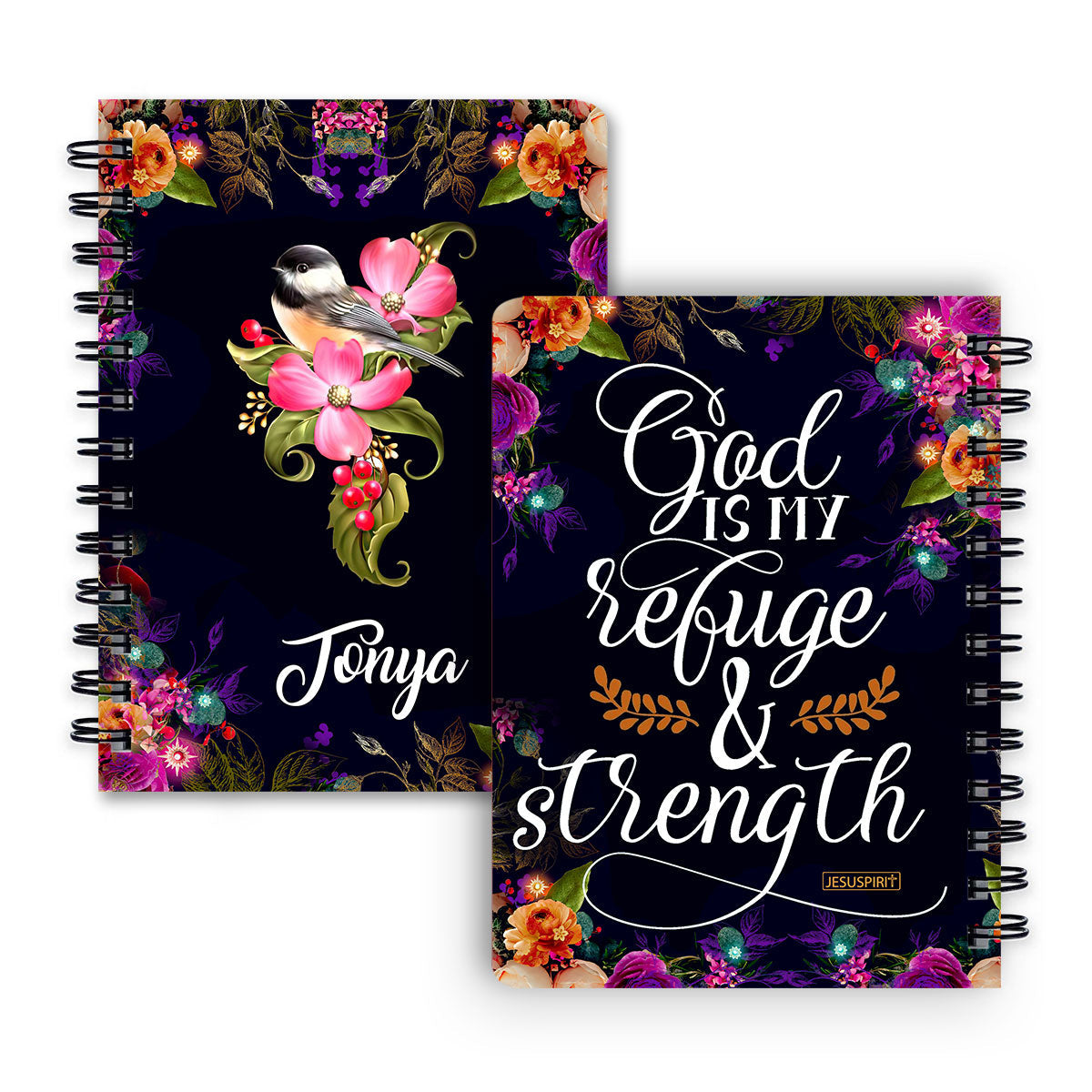 Jesuspirit Brilliant Personalized Flowers Spiral Journal | Meaningful Gift For Christian People | Psalm 46:1 | God Is My Refuge And Strength SJ1