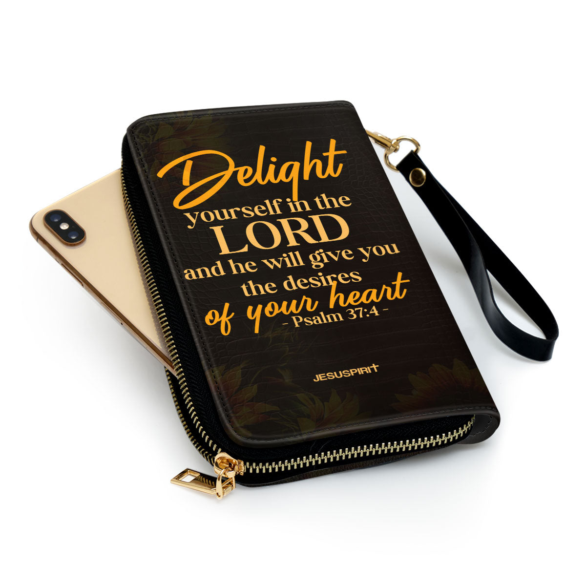 Jesuspirit | Personalized Sunflower Zippered Leather Clutch Purse | Psalm 37:4 | Delight Yourself In The Lord | Inspirational Gifts For Christian Women NUH437H