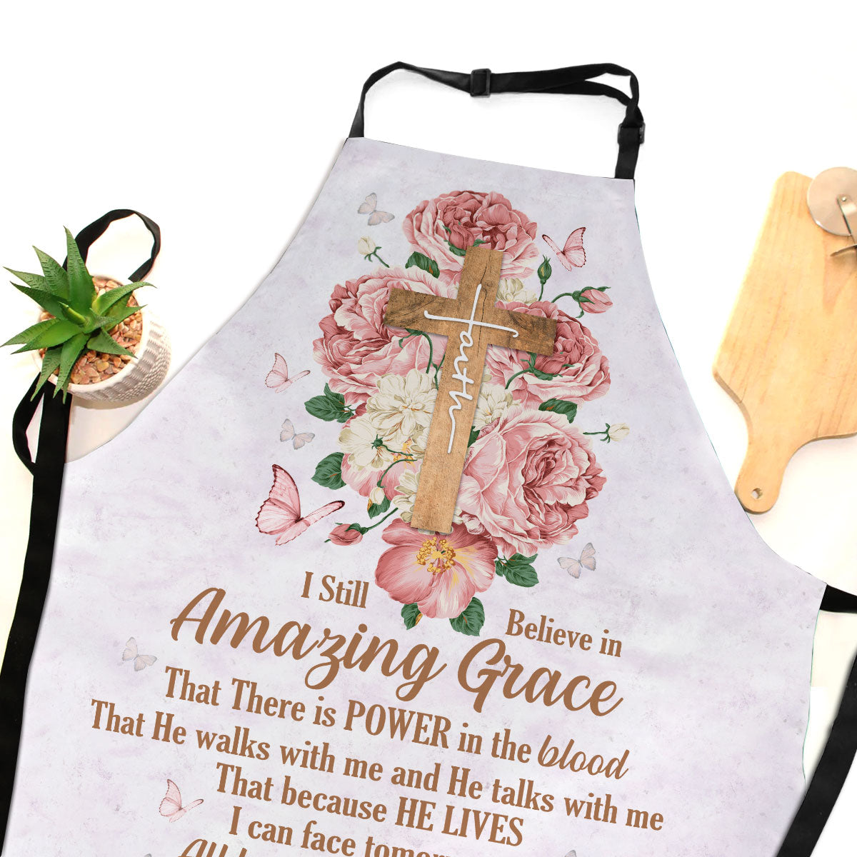 Jesuspirit | Apron With Neck Strap | Flower And Cross | I Still Believe In Amazing Grace A15