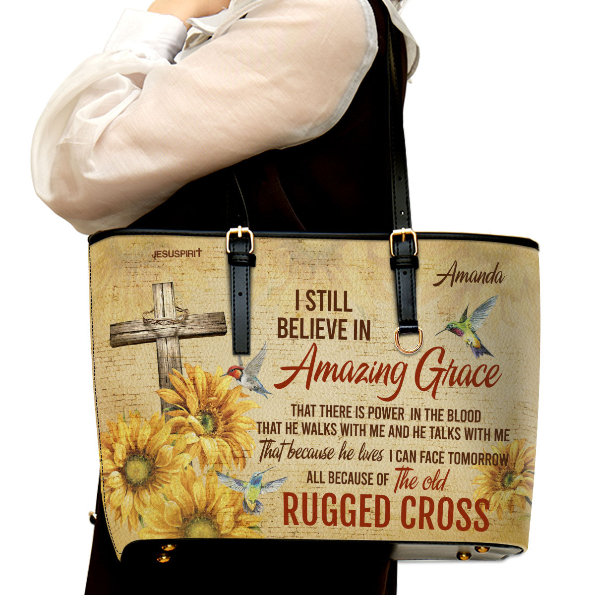 Jesuspirit Personalized Leather Tote Bag | I Still Believe In Amazing Grace | Sunflower And Cross | Bible Bag With Long Strap HN154