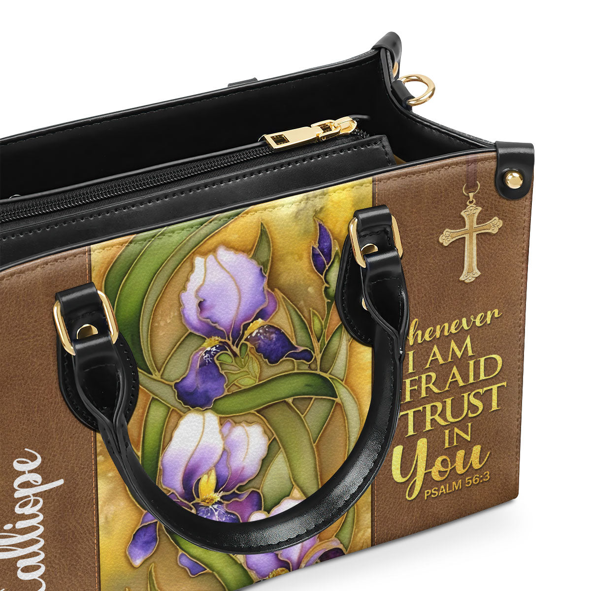 Jesuspirit | Flower And Cross | Whenever I Am Afraid, I Trust In You | Psalm 56:3 | Personalized Leather Handbag LHBH602