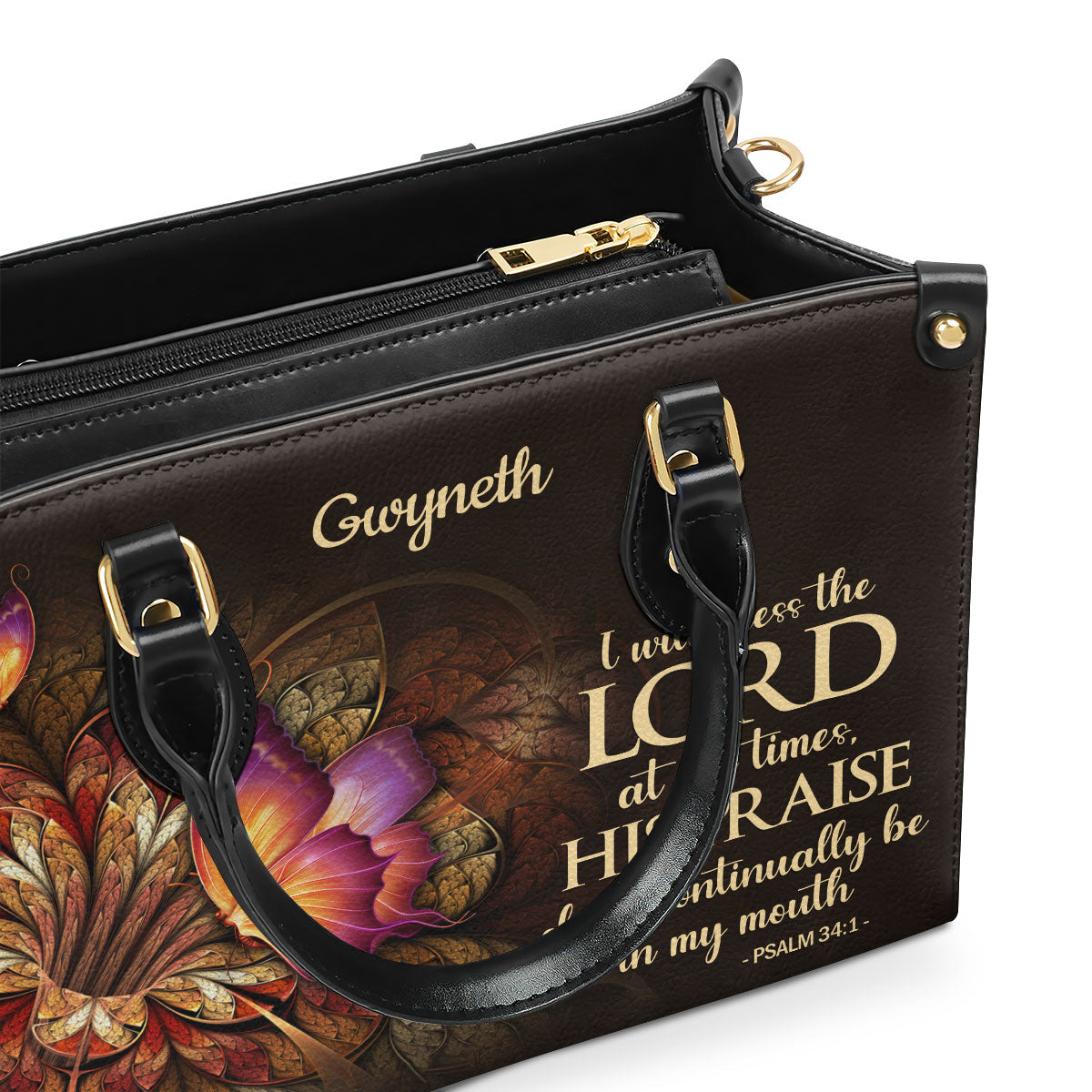 Jesuspirit Personalized Leather Handbag With Handle | Flower & Butterfly | Psalm 34:1 | I Will Bless The Lord At All Times LHBH605