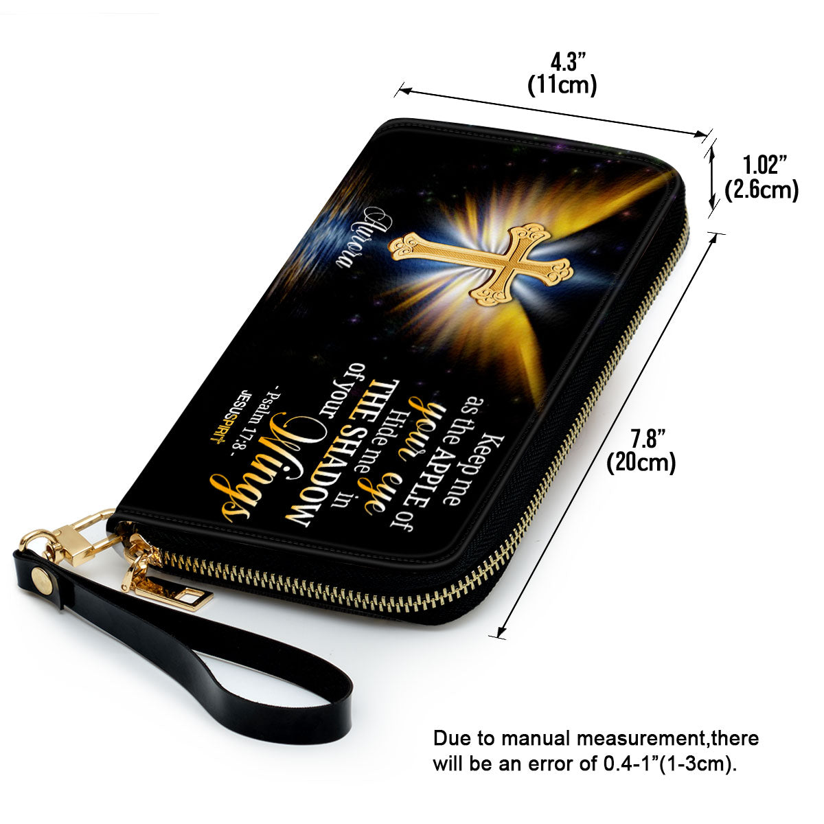 Jesuspirit | Personalized Zippered Leather Clutch Purse With Wristlet Strap Handle | Psalm 17:8 | Scripture Gifts For Christian Women CPH779