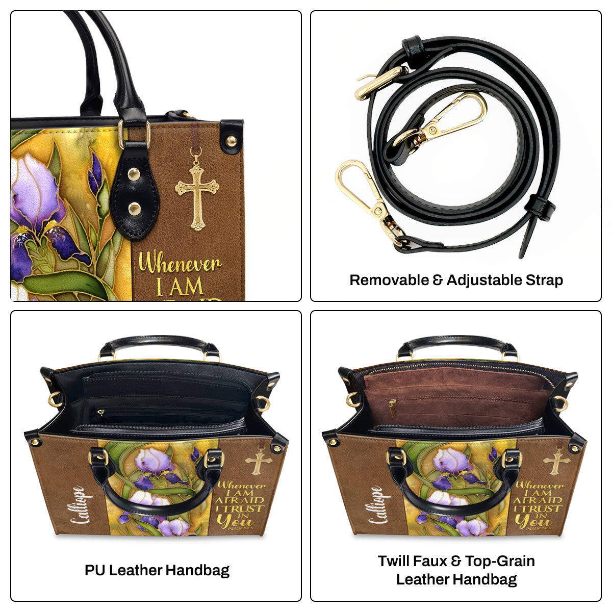 Jesuspirit | Flower And Cross | Whenever I Am Afraid, I Trust In You | Psalm 56:3 | Personalized Leather Handbag LHBH602