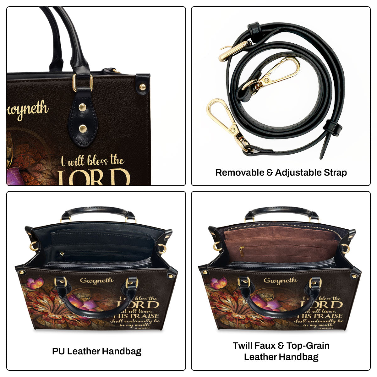 Jesuspirit Personalized Leather Handbag With Handle | Flower & Butterfly | Psalm 34:1 | I Will Bless The Lord At All Times LHBH605