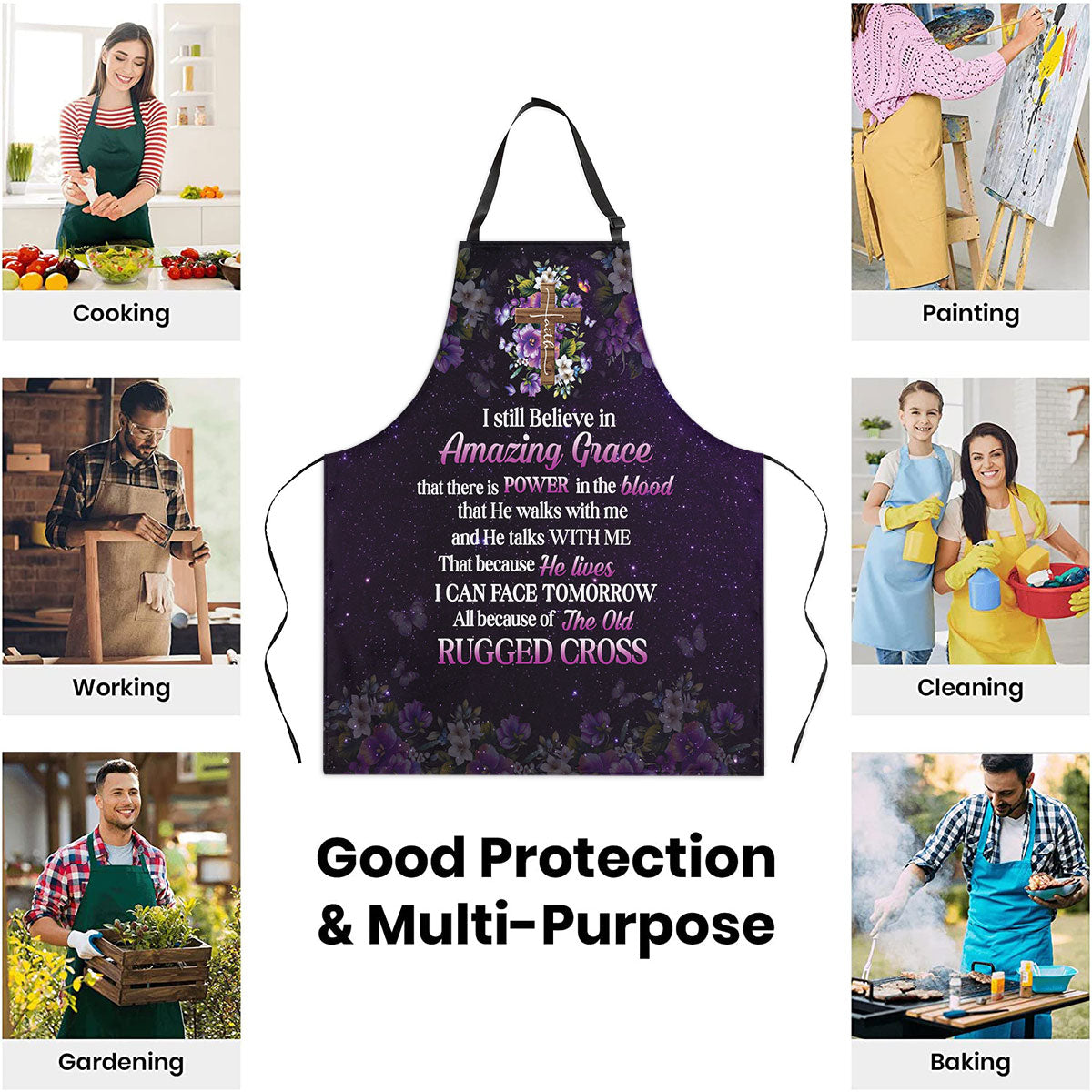 Jesuspirit Apron With Adjustable Neck Strap | I Still Believe In Amazing Grace | Faith Cross & Flower NUH269