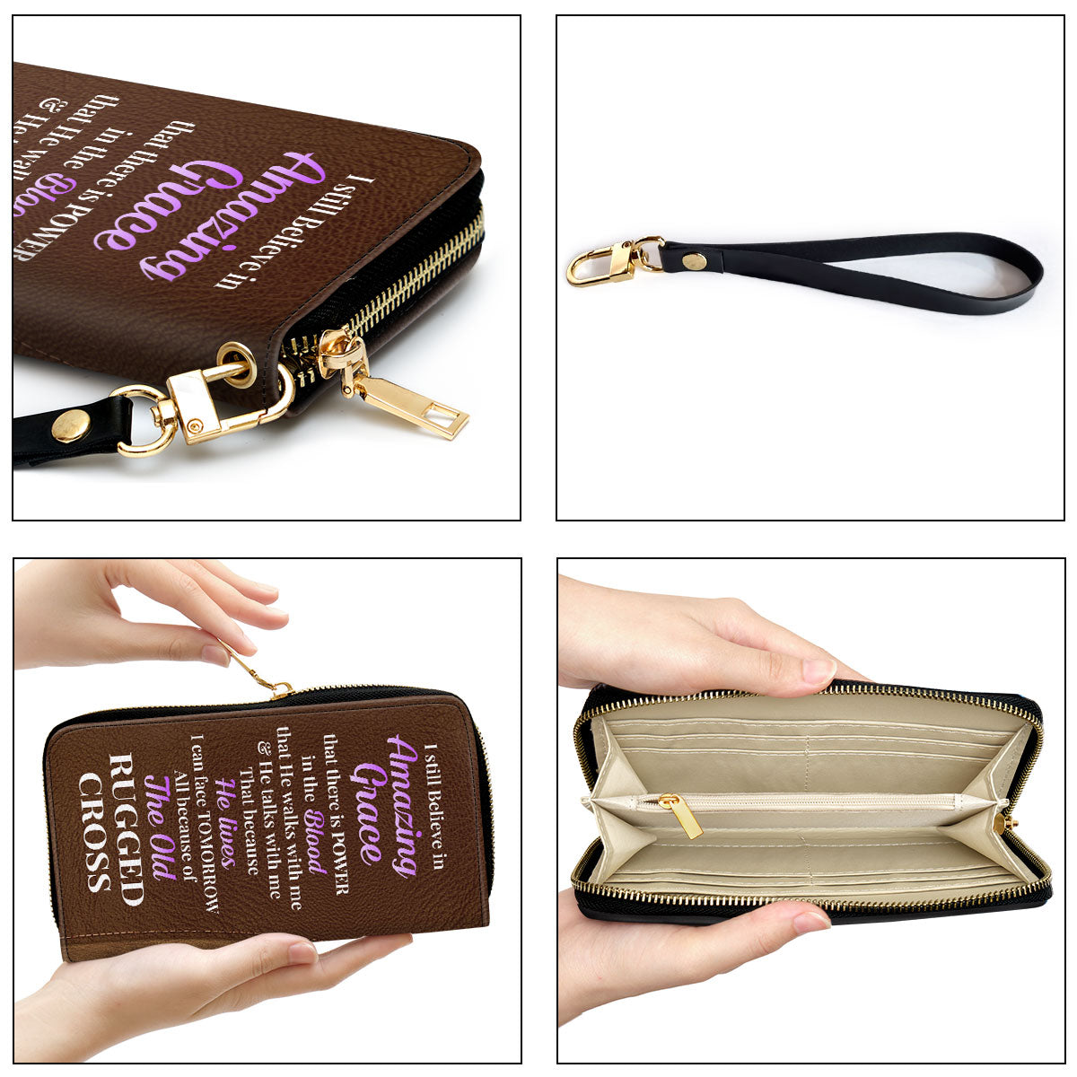 Jesuspirit | Personalized Zippered Leather Clutch Purse | I Still Believe In Amazing Grace | Faith Cross And Floral | Christ Gifts For Religious Women CP12H