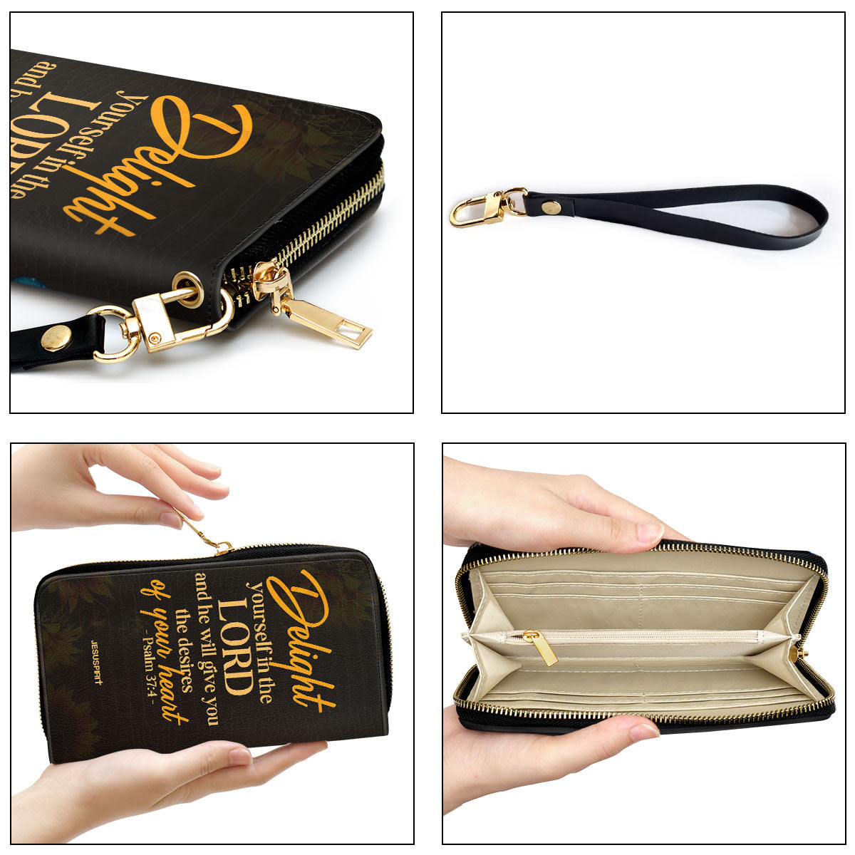 Jesuspirit | Personalized Sunflower Zippered Leather Clutch Purse | Psalm 37:4 | Delight Yourself In The Lord | Inspirational Gifts For Christian Women NUH437H