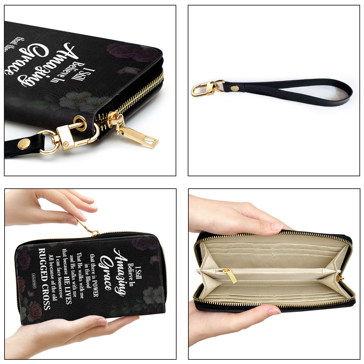Jesuspirit | I Still Believe In Amazing Grace | Flower And Cross | Spiritual Gifts For Christian Women | Personalized Zippered Leather Clutch Purse NUH435H