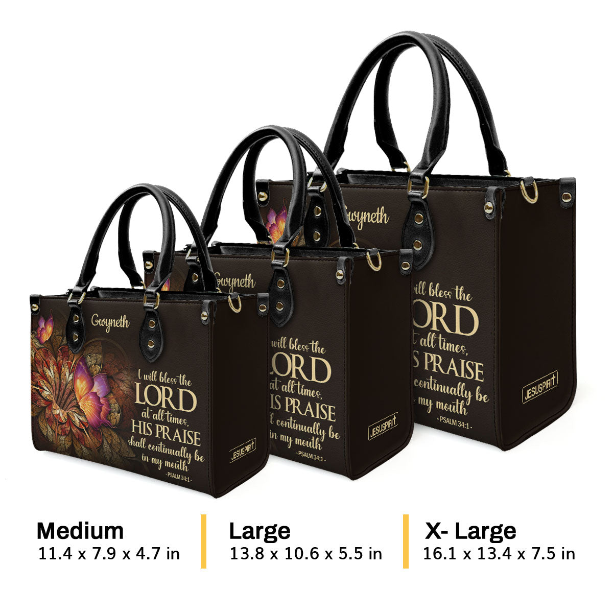 Jesuspirit Personalized Leather Handbag With Handle | Flower & Butterfly | Psalm 34:1 | I Will Bless The Lord At All Times LHBH605