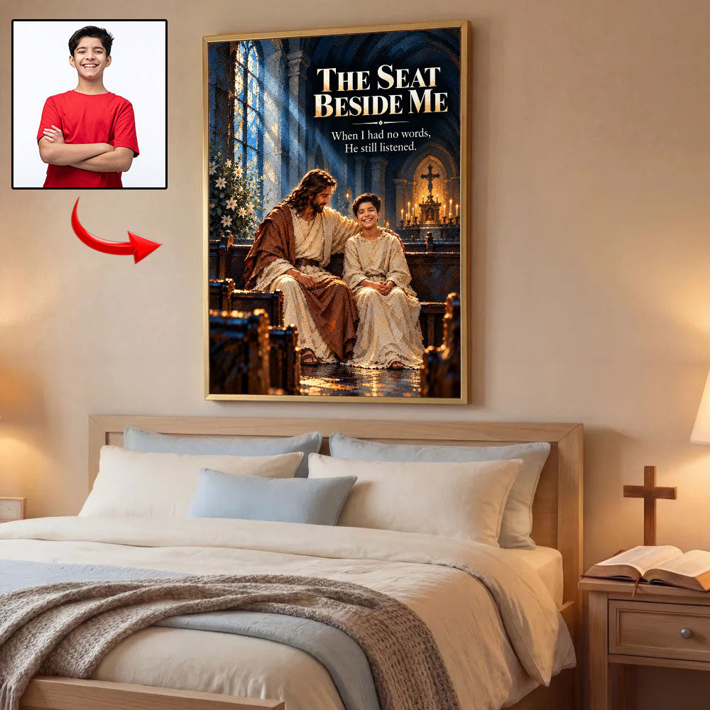 The Seat Beside Me™ – Personalized Jesus Portrait Canvas, Custom Christian Gift From Your Photo