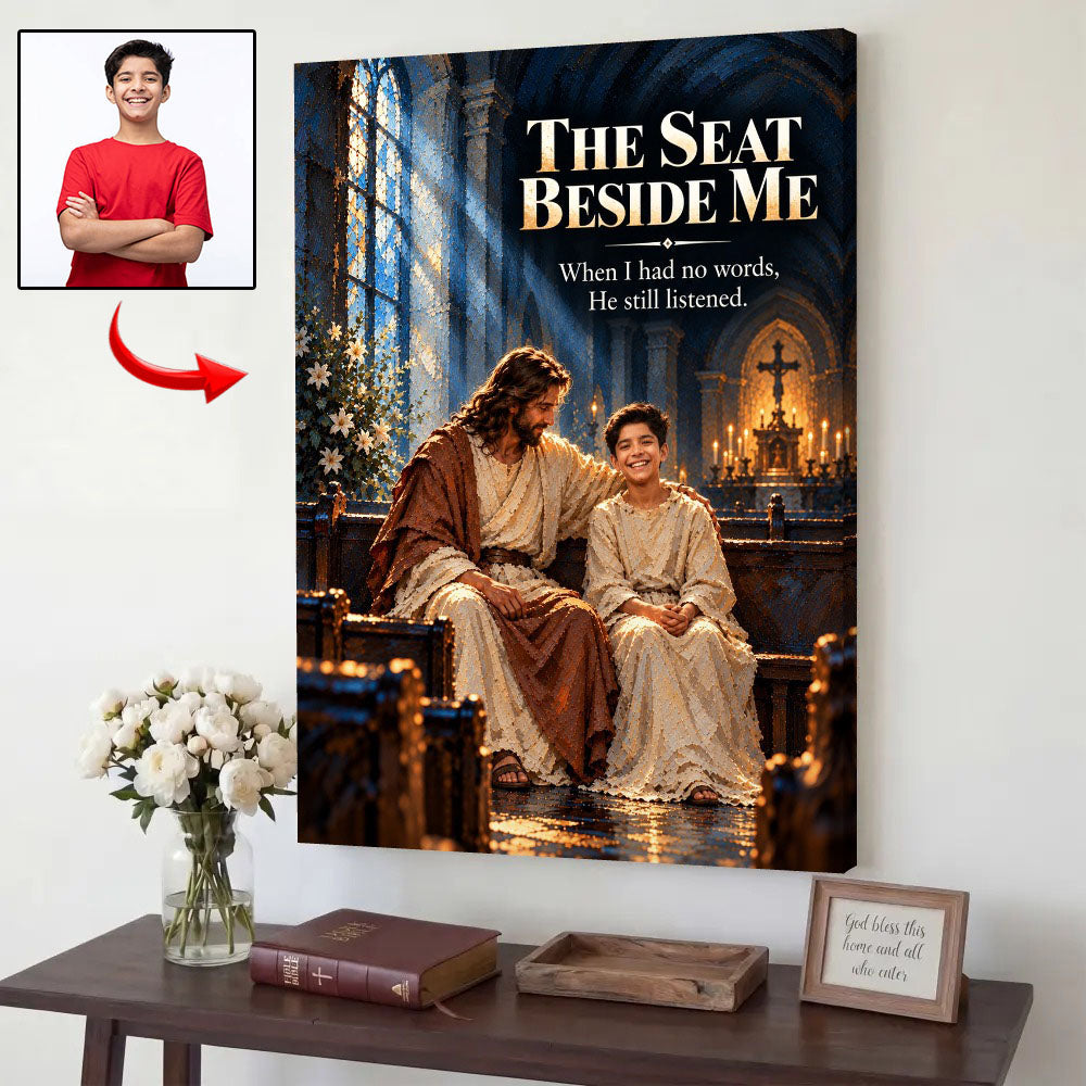 The Seat Beside Me™ – Personalized Jesus Portrait Canvas, Custom Christian Gift From Your Photo
