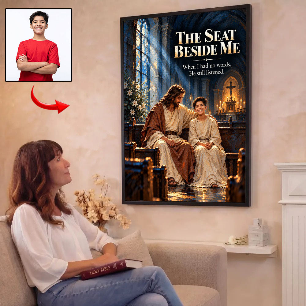 The Seat Beside Me™ – Personalized Jesus Portrait Canvas, Custom Christian Gift From Your Photo