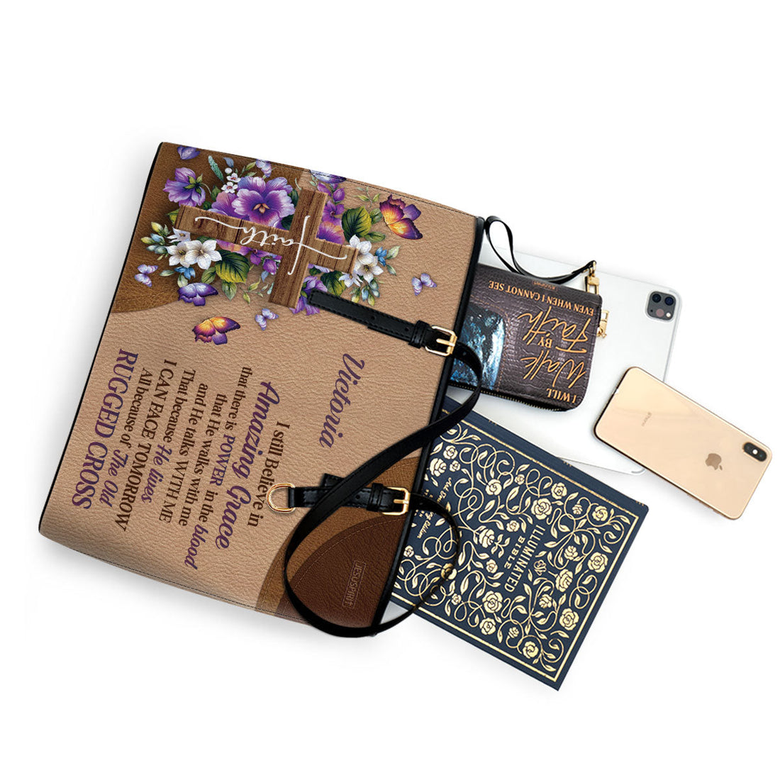 Stunning Personalized Flower Leather Tote Bag - I Still Believe In Amazing Grace NUH269