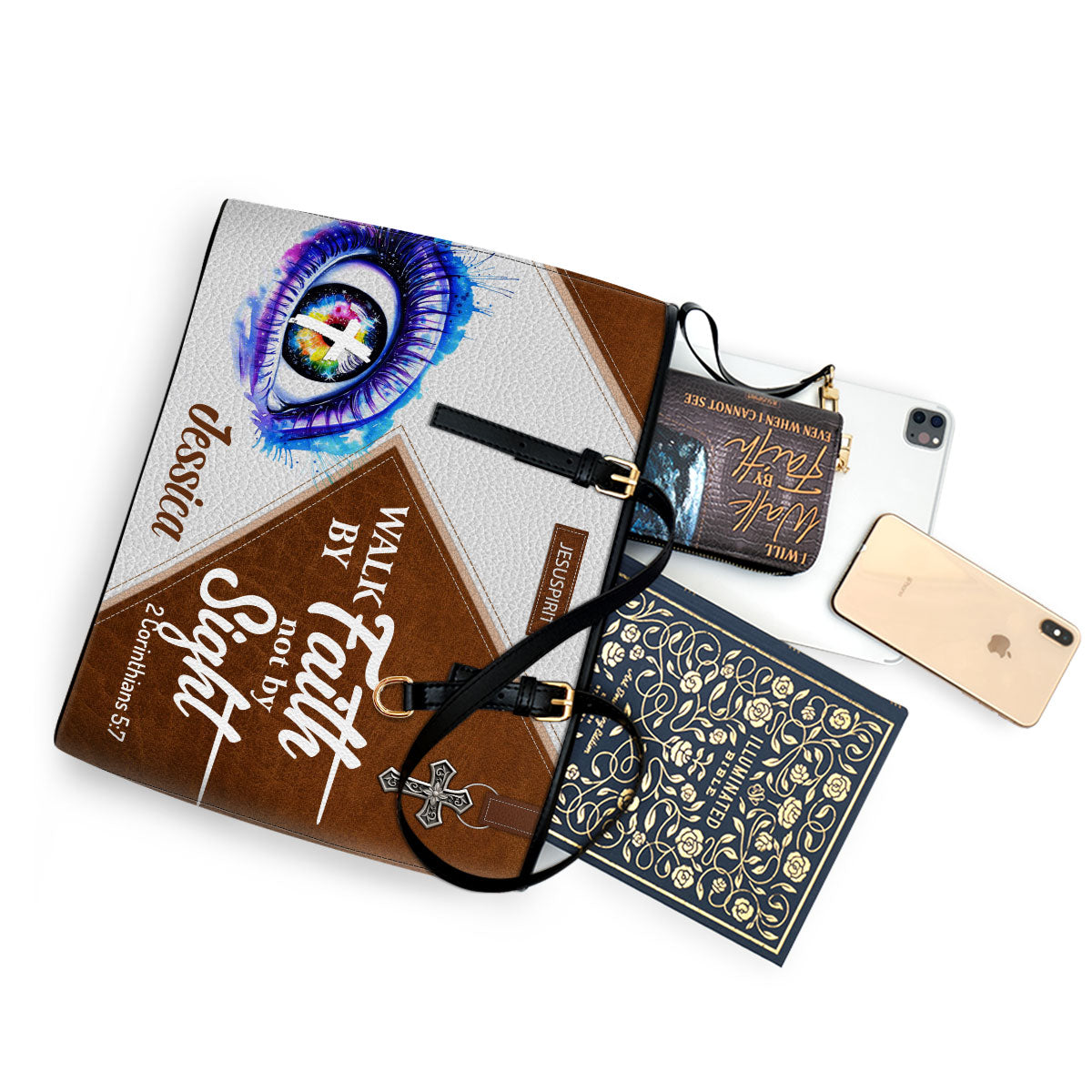 Awesome Personalized Large Leather Tote Bag - Walk By Faith, Not By Sight NUH293