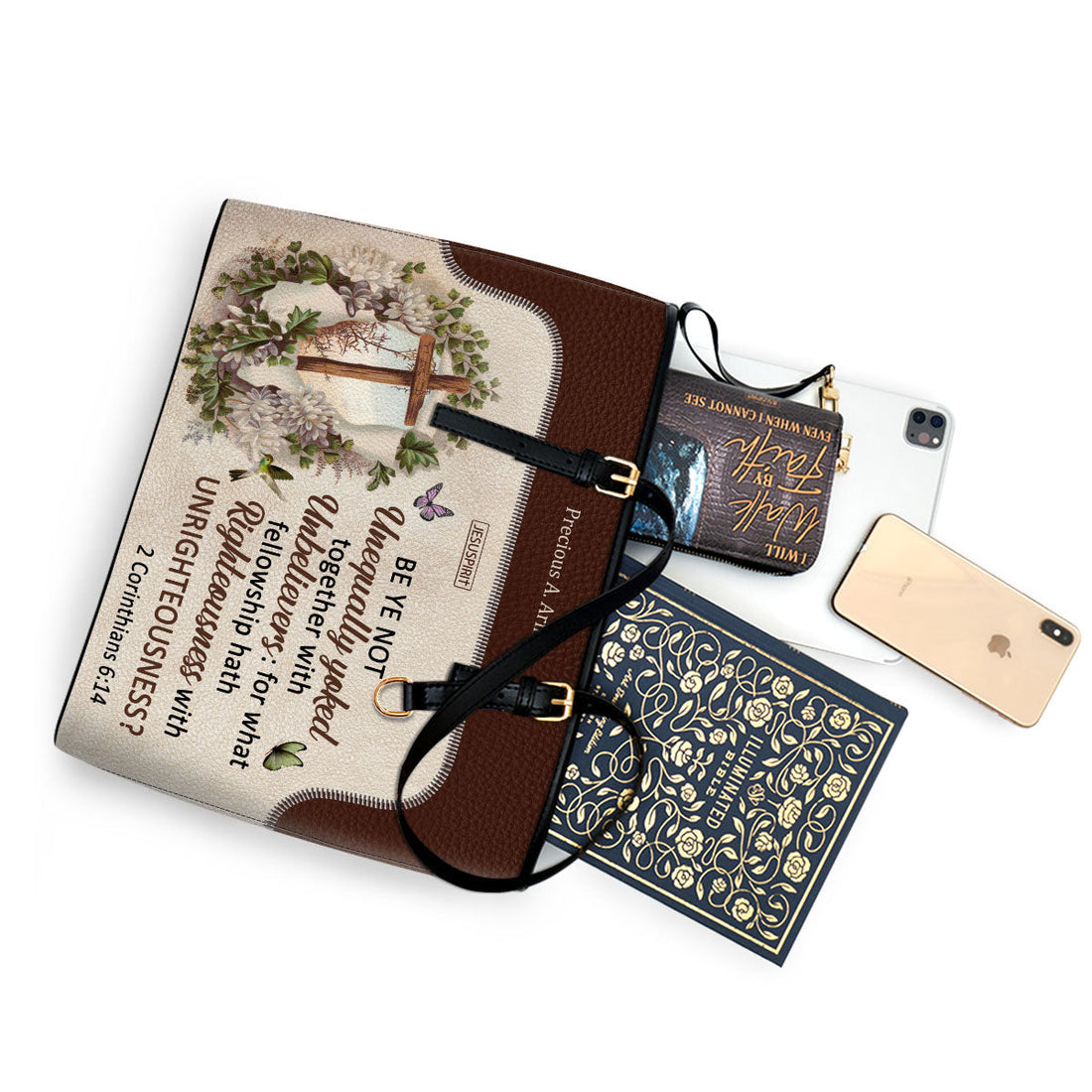 Beautiful Personalized Large Leather Tote Bag - Be Ye Not Unequally Yoked Together With Unbelievers NUM488