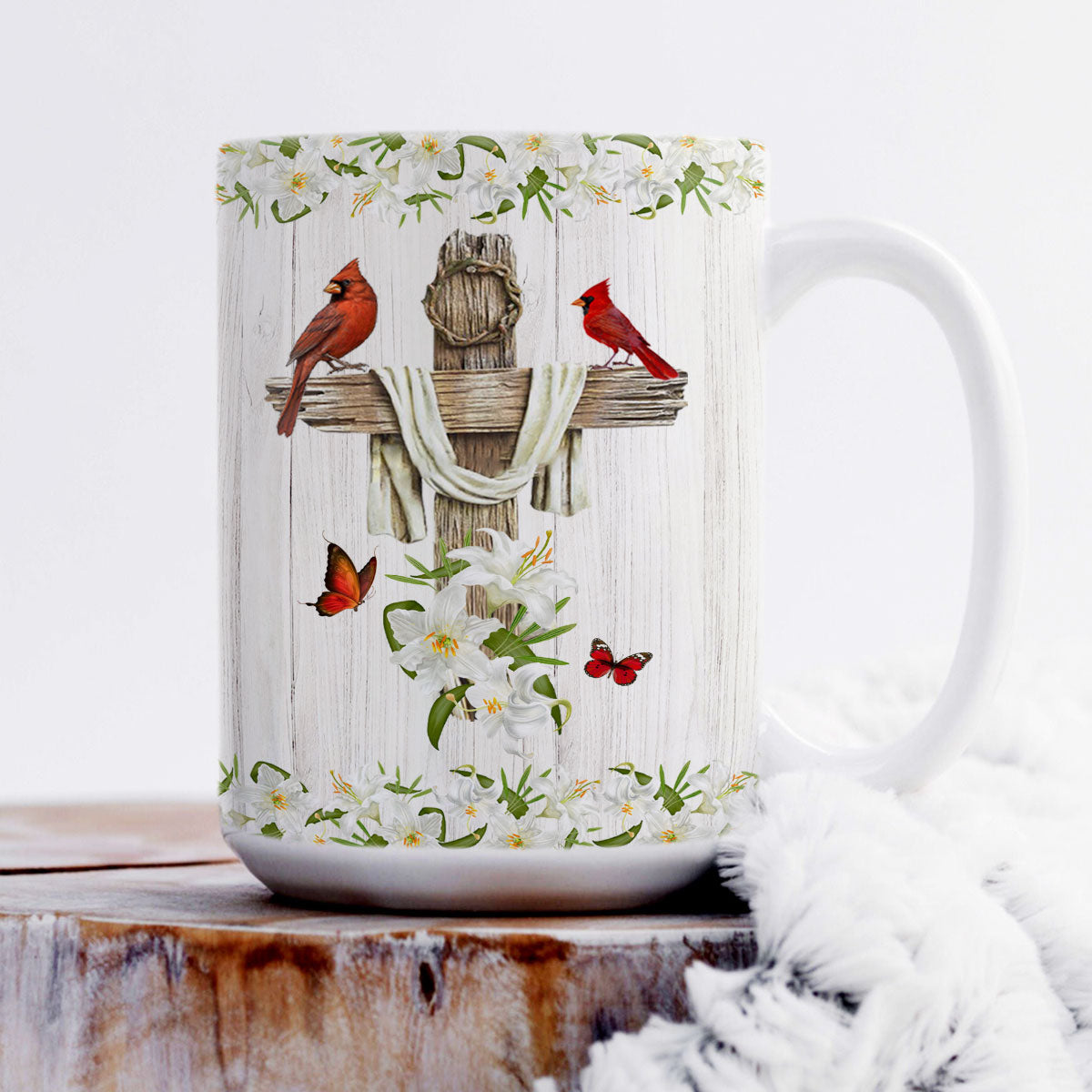 Beautiful Cardinal Birds And Cross White Ceramic Mug - Will I Dance For You Jesus NUHN182