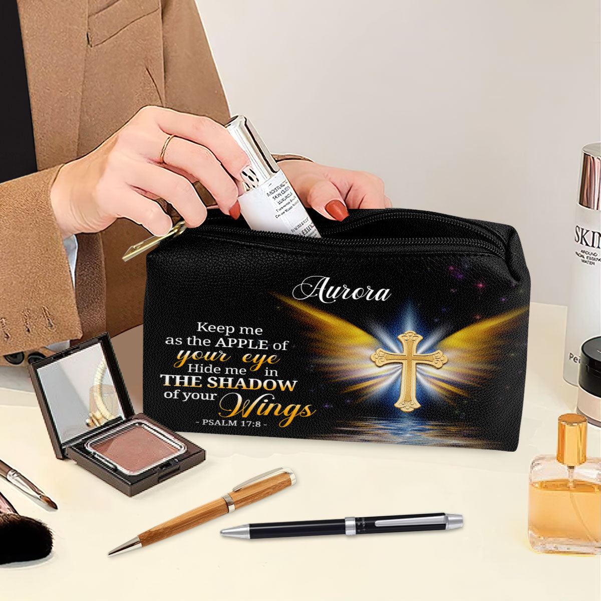 Jesuspirit | Personalized Leather Pouch With Zipper | Gifts For Worship Women | Hide Me In The Shadow Of Your Wings | Psalm 17:8 LPH779