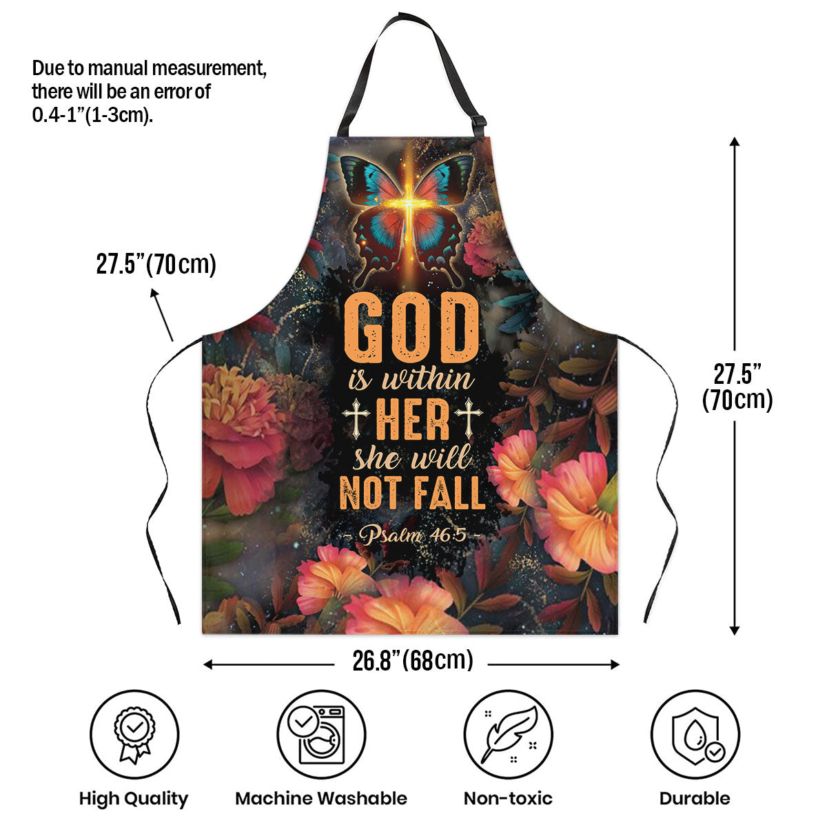 Jesuspirit | God Is Within Her, She Will Not Fall | Cross And Butterfly | Psalm 46:5 | Stunning Apron With Neck Strap AHM19