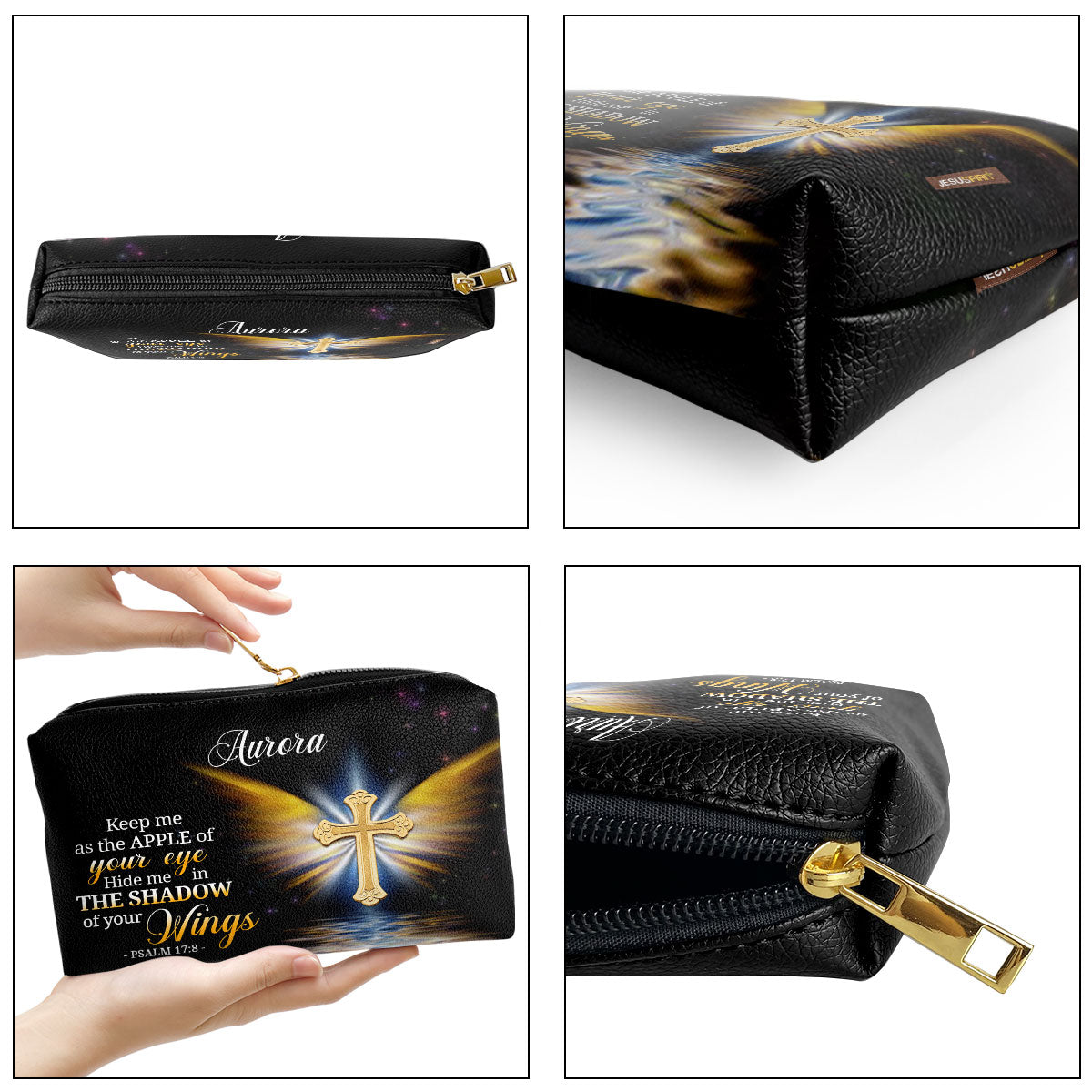 Jesuspirit | Personalized Leather Pouch With Zipper | Gifts For Worship Women | Hide Me In The Shadow Of Your Wings | Psalm 17:8 LPH779